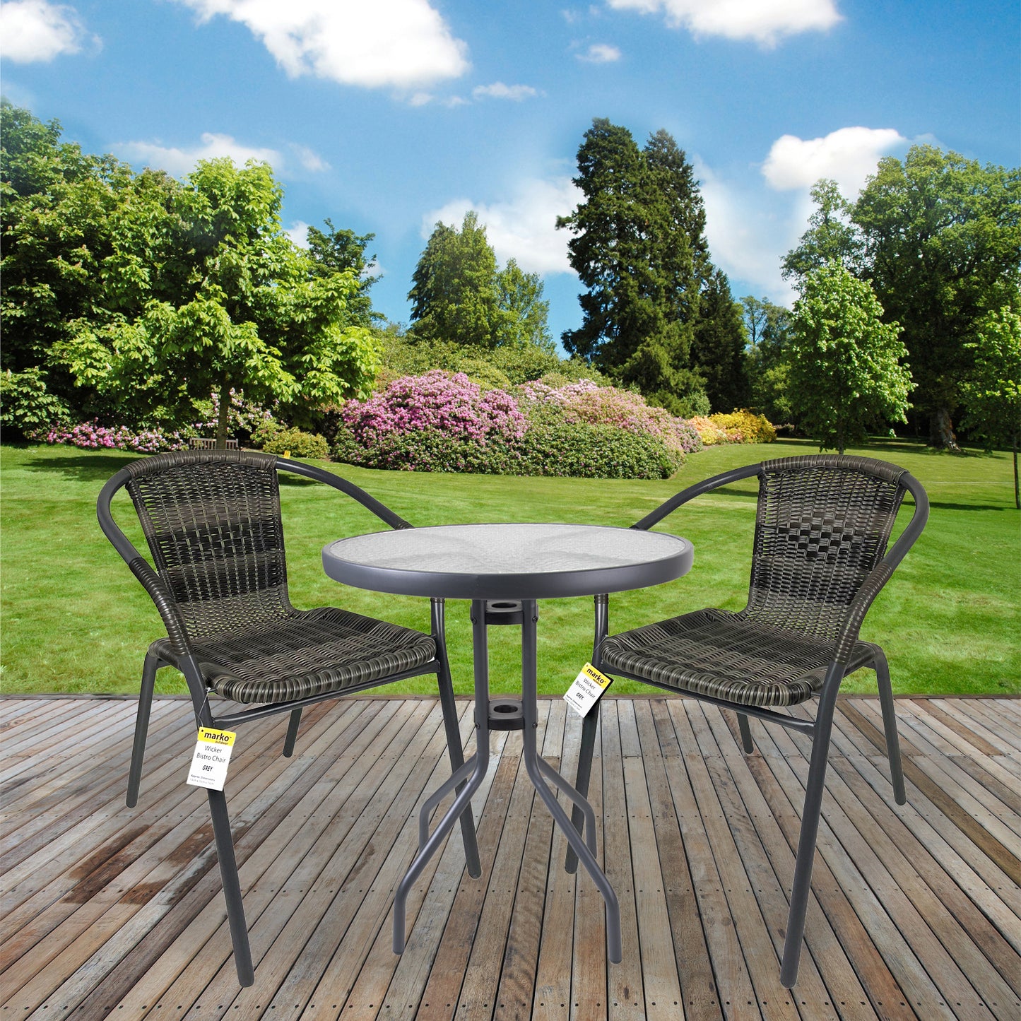 3PC Grey Patterned Wicker Chairs with 60cm Silver Round Bistro Table