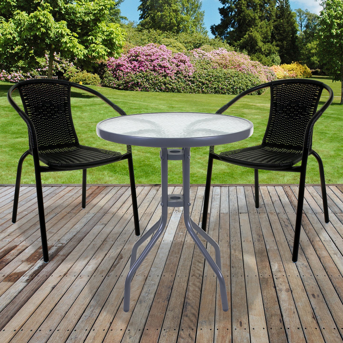 3PC Black Wicker Bistro Set with Silver 60cm Round Table