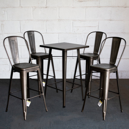 5PC Laus Table & Pascale Bar Stool Set - Gun Metal Grey