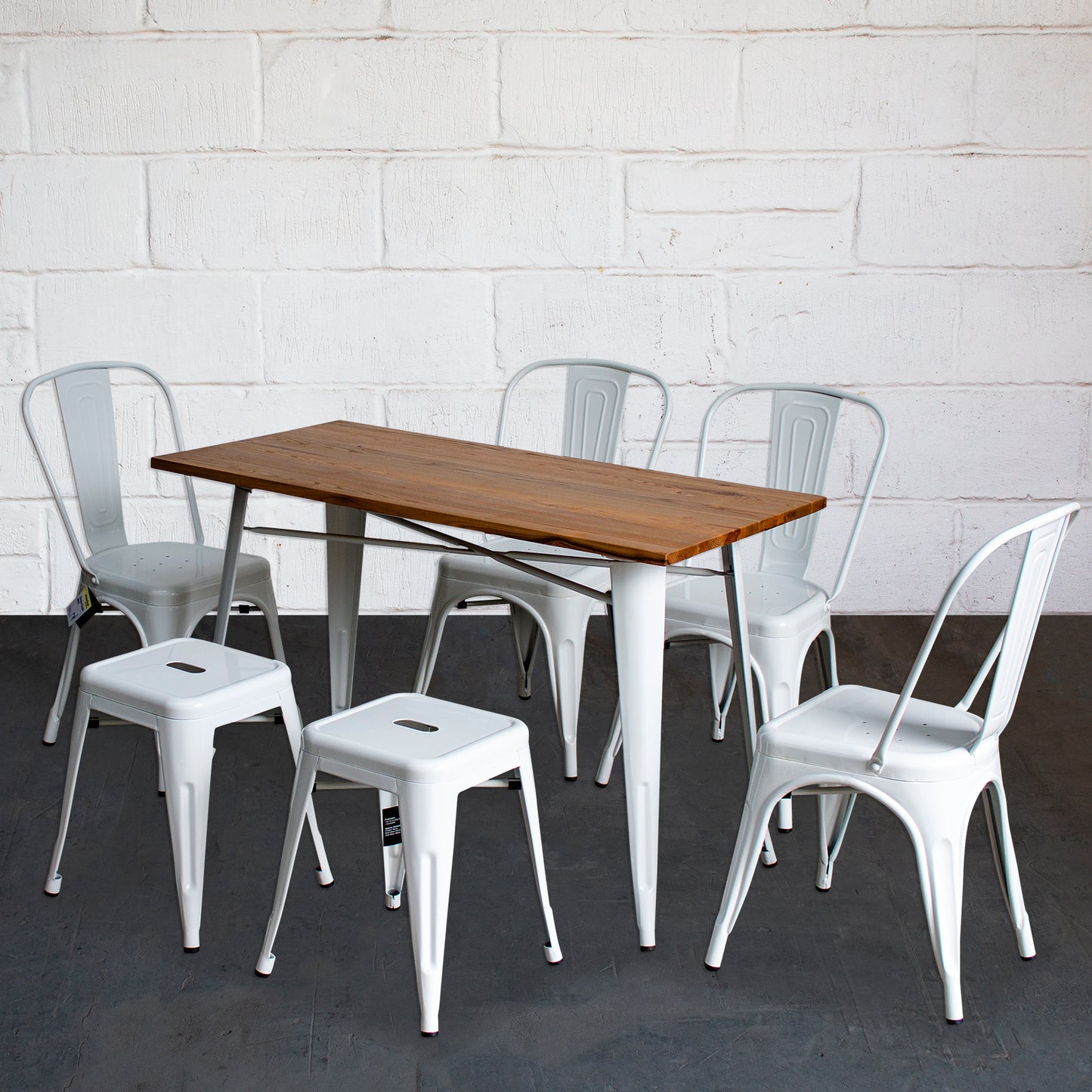 7PC Prato Table, 4 Siena Chairs & 2 Castel Stools Set - White