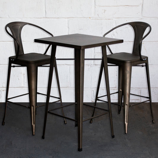 3PC Laus Table & Favara Bar Stool Set - Gun Metal Grey