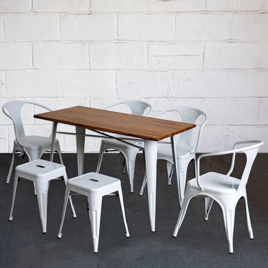 7PC Prato Table, 4 Forli Chairs & 2 Castel Stools Set - White