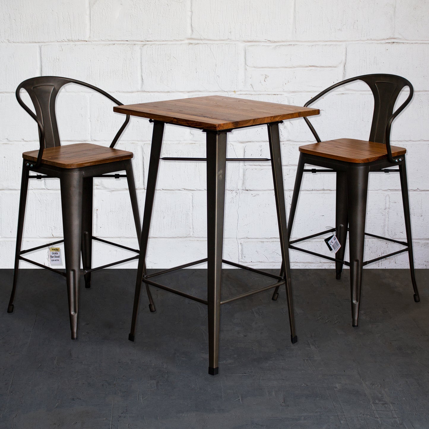 3PC Lodi Table & Licata Bar Stool Set - Gun Metal Grey