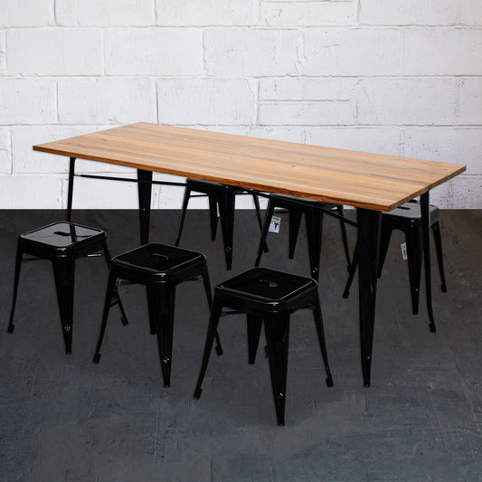 7PC Taranto Table & 6 Castel Stools Set - Black