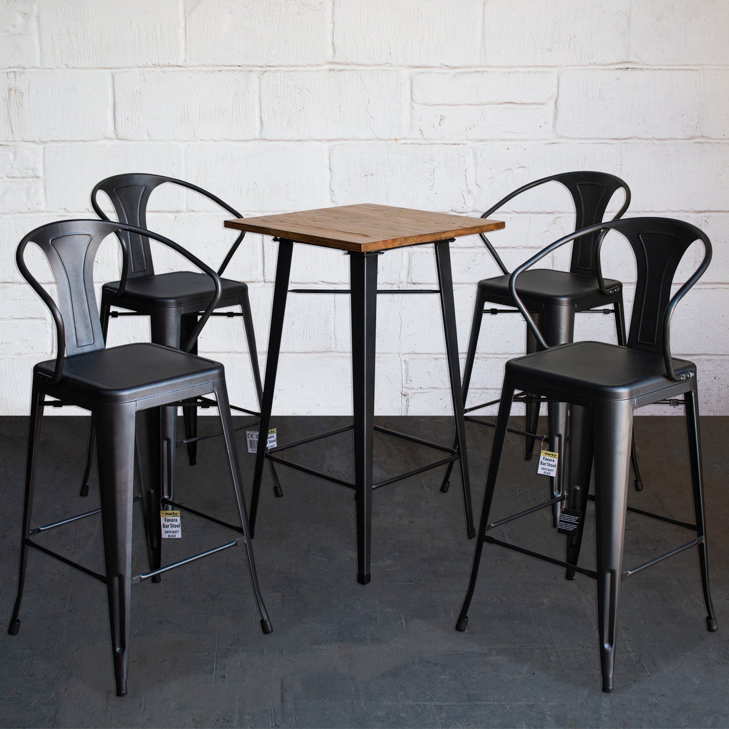 5PC Lodi Table & Favara Bar Stool Set - Onyx Matt Black