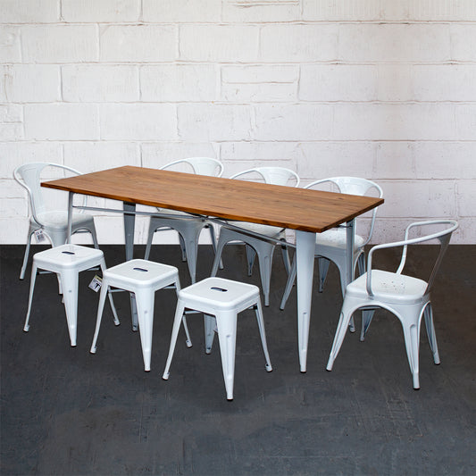 9PC Taranto Table, 5 Forli Chairs & 3 Castel Stools Set - White