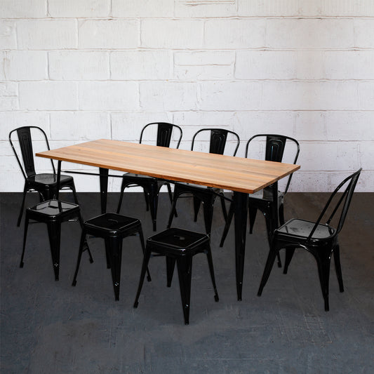 9PC Taranto Table, 5 Siena Chairs & 3 Castel Stools Set - Black