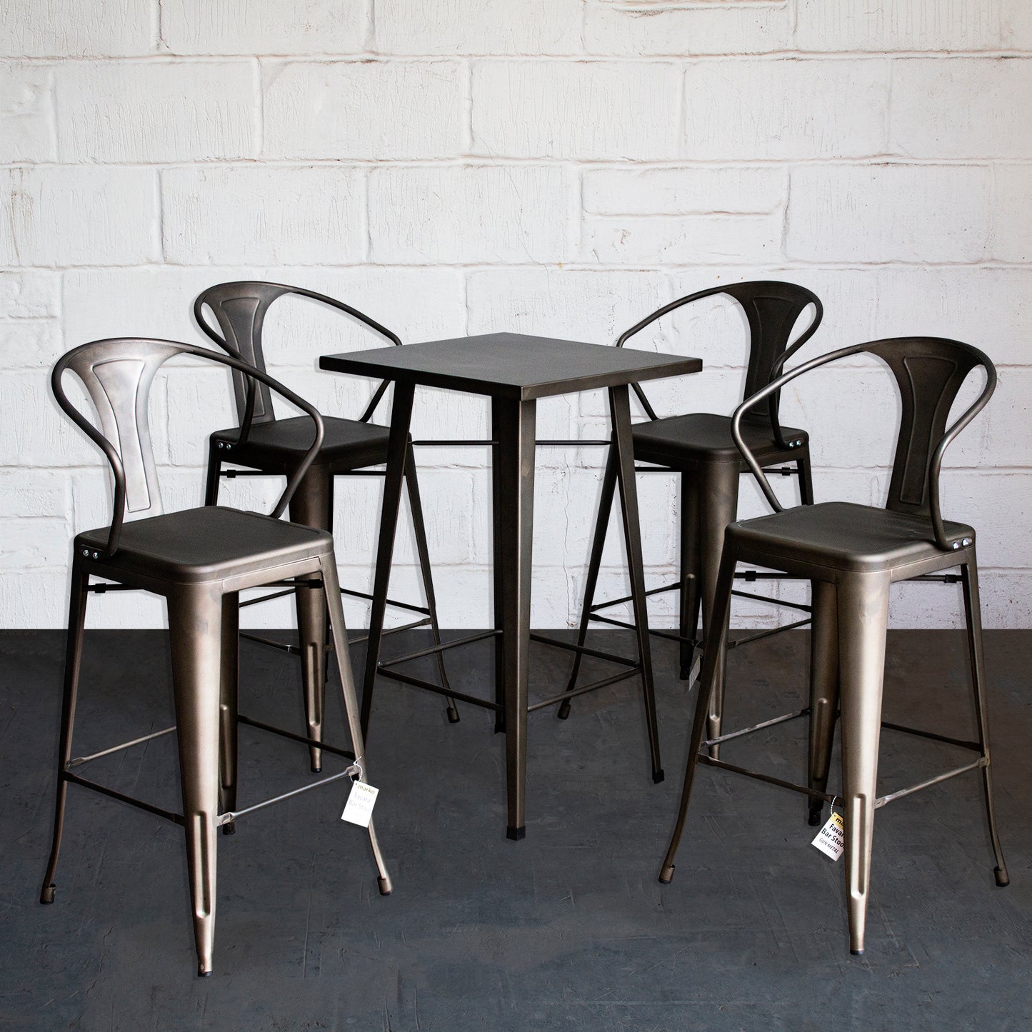 5PC Laus Table & Favara Bar Stool Set - Gun Metal Grey