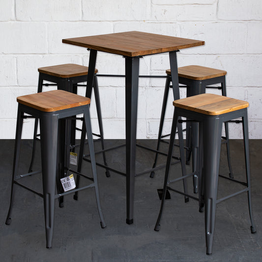 5PC Lodi Table & Firenze Bar Stool Set - Graphite Grey