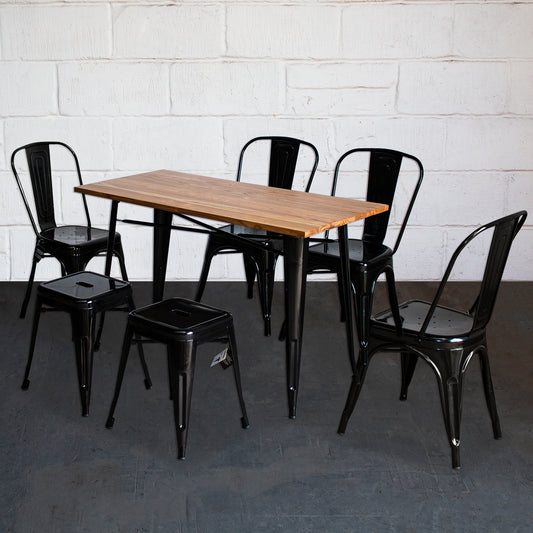 7PC Prato Table, 4 Siena Chairs & 2 Castel Stools Set - Black