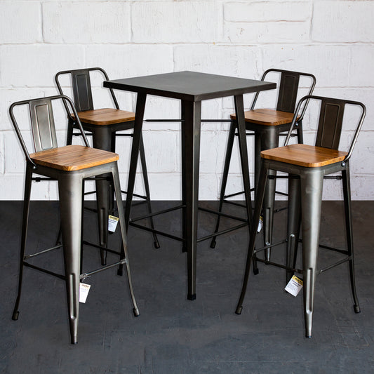 5PC Laus Table & Tuscany Bar Stool Set - Gun Metal Grey