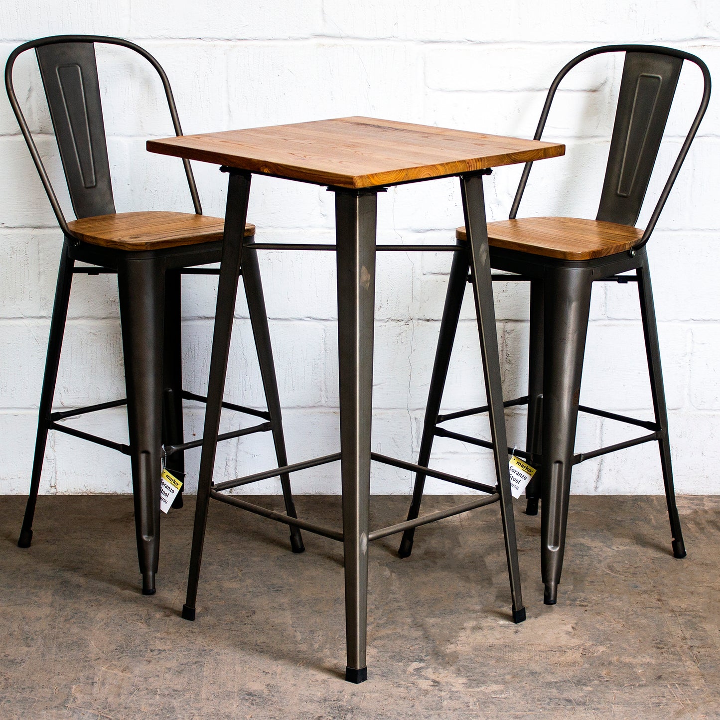 3PC Lodi Table & Soranzo Bar Stool Set - Gun Metal Grey